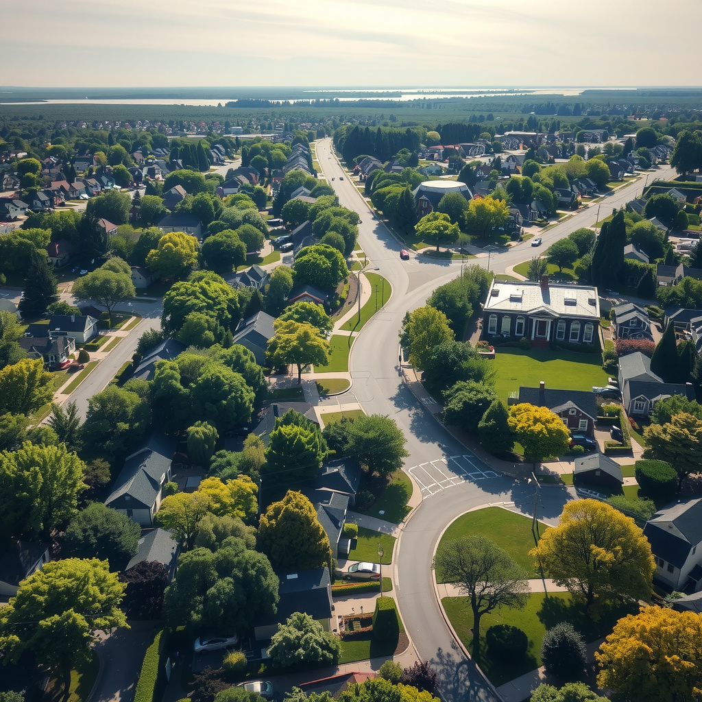 Aerial view of Dagsboro, DE showing Pepper Creek, nearby marshes, and low-rise neighborhoods under a coastal sky.