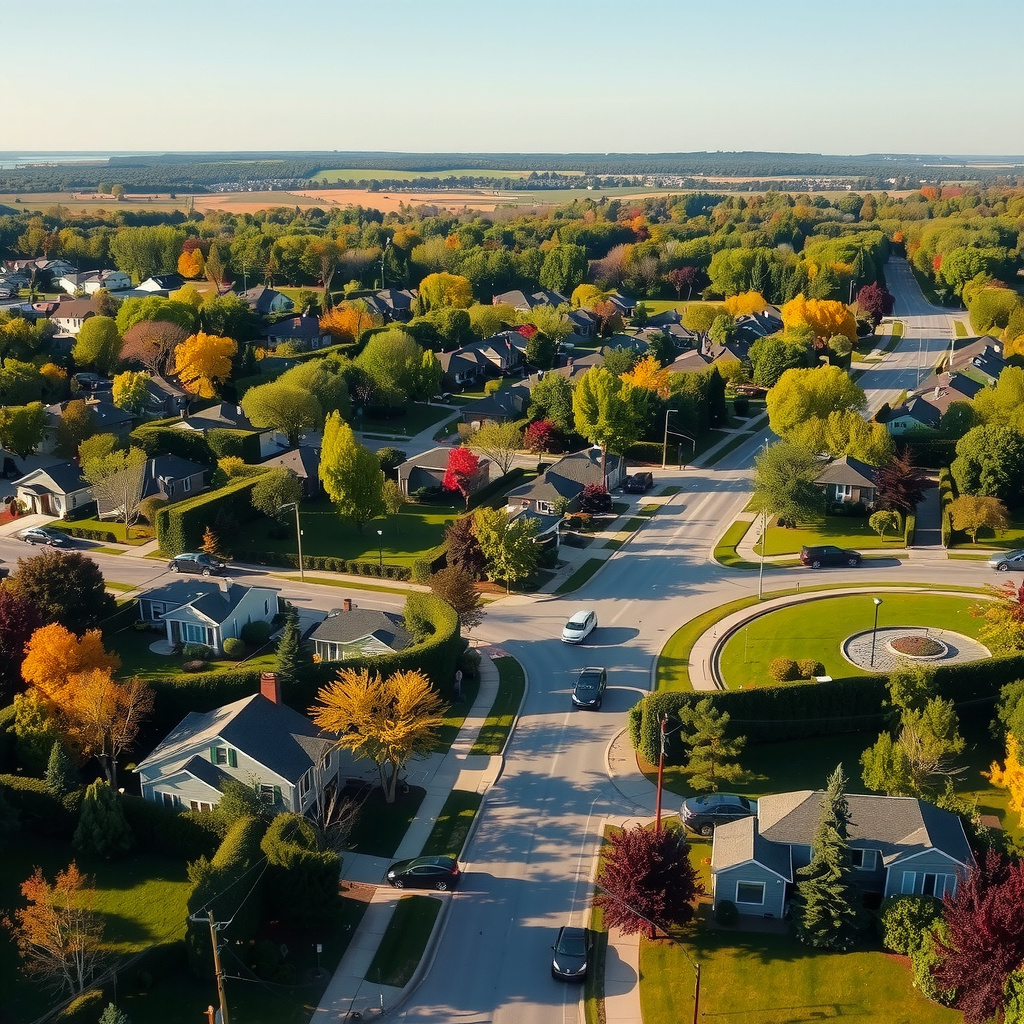 Aerial view of Melville's rolling hills, ponds, and suburban neighborhoods in autumn foliage.
