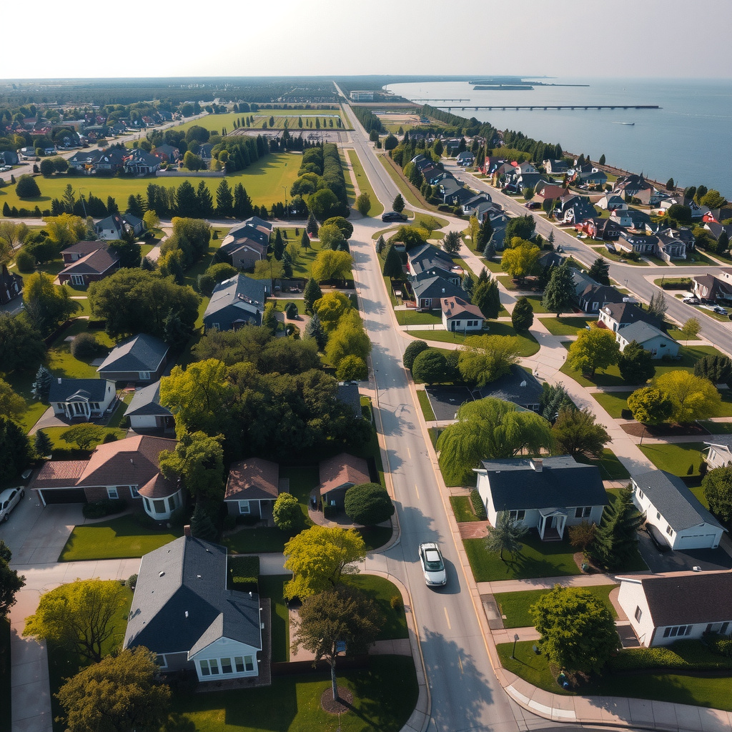 Aerial view of Millsboro, DE showing the Indian River, nearby ponds, and surrounding neighborhoods across the flat coastal plain.