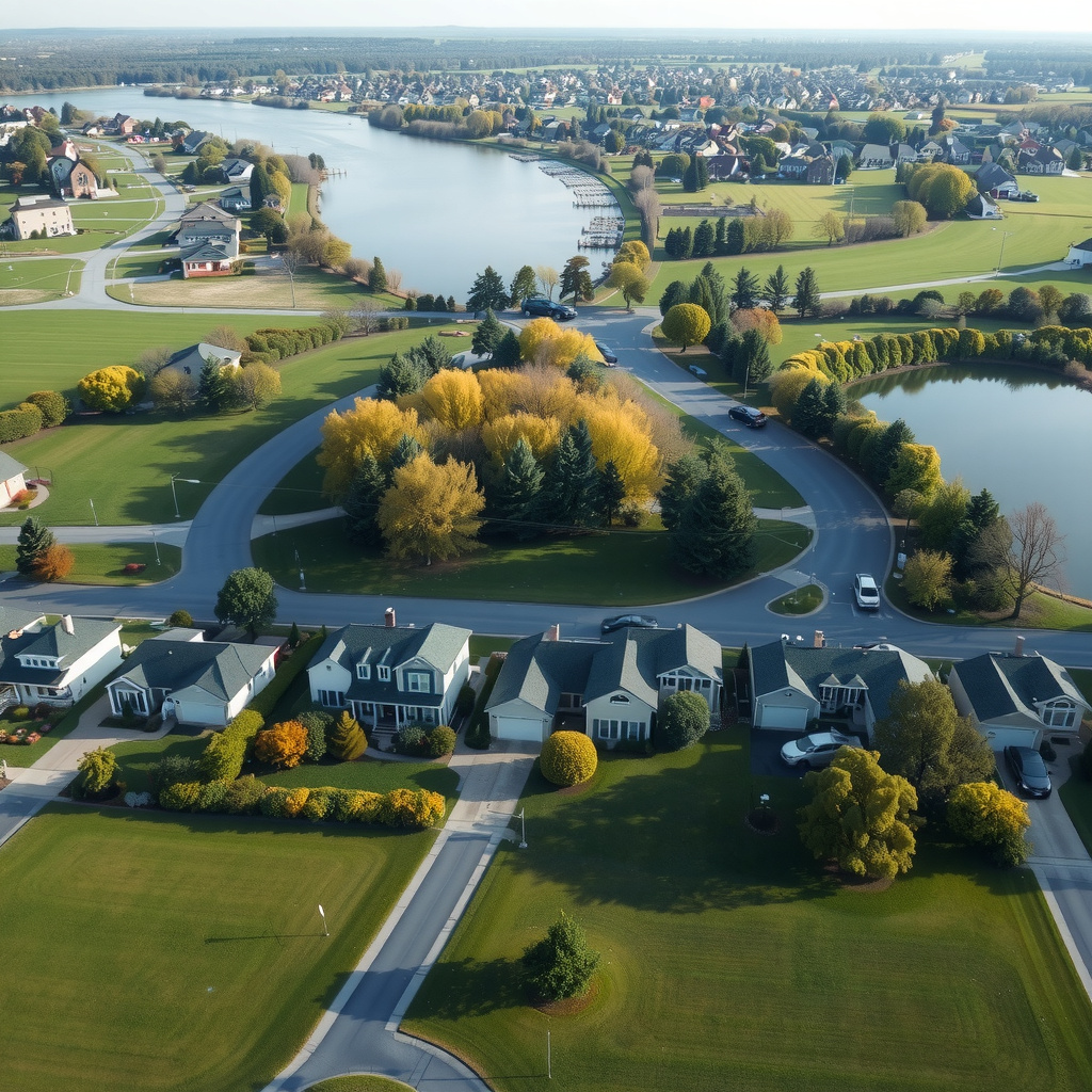 Aerial view of Angola, DE near Rehoboth Bay showing wooded neighborhoods, tidal creeks, and coastal wetlands.