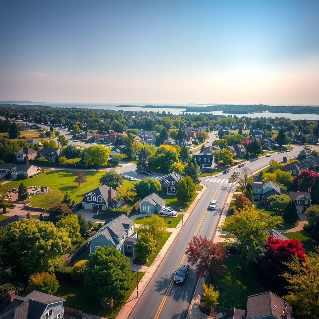 Aerial view of Rockshire, MD showing tree-lined streets, rolling terrain, and nearby Rockville road network.