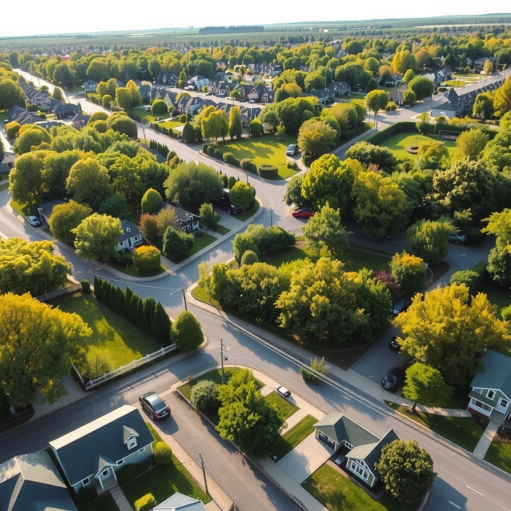 Illustrative aerial view of Hollyville, DE farmland and woodlots under partly cloudy skies